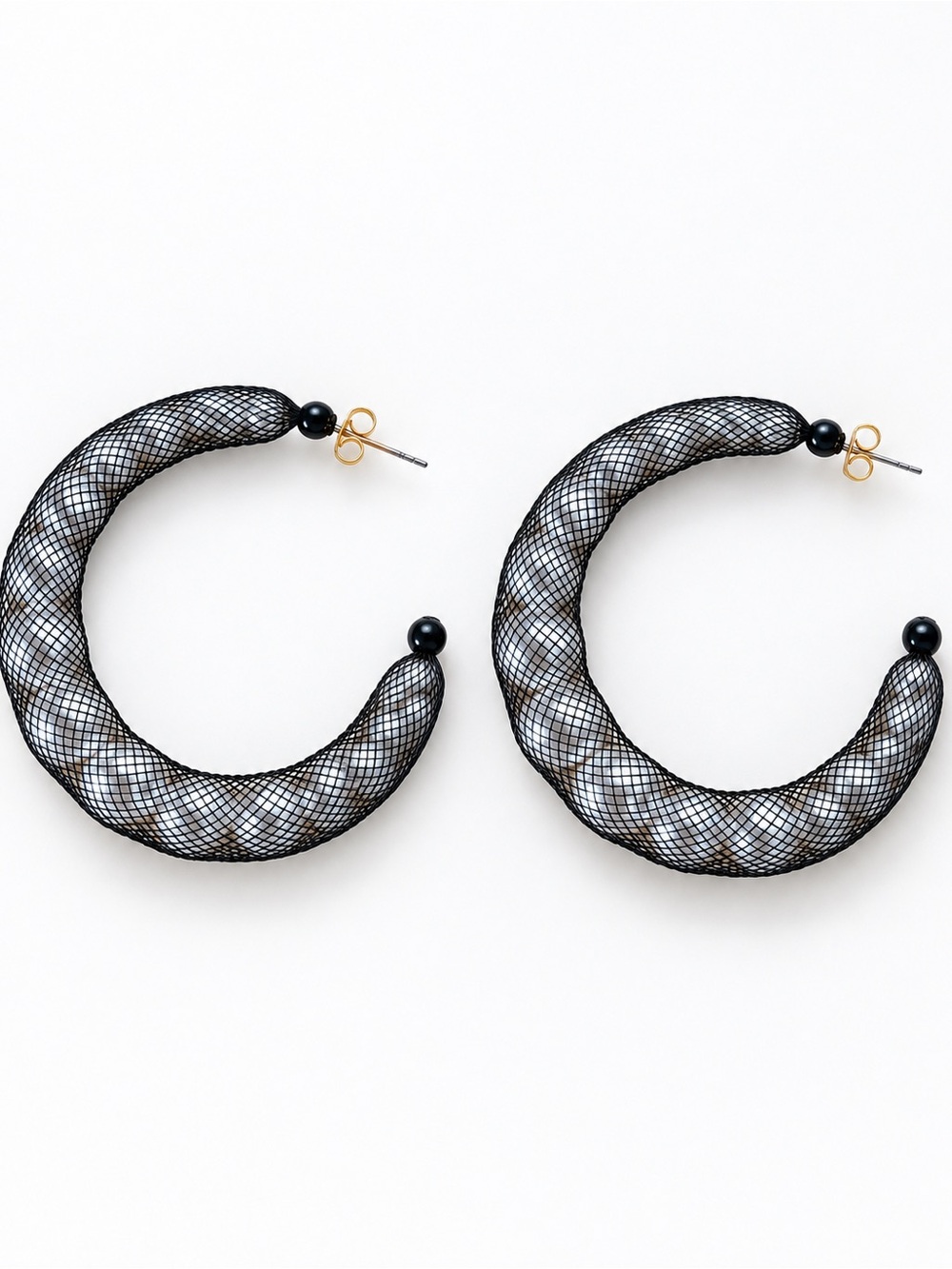 ZARA Black Mesh Pearl Twist Statement Hoop Earrings
